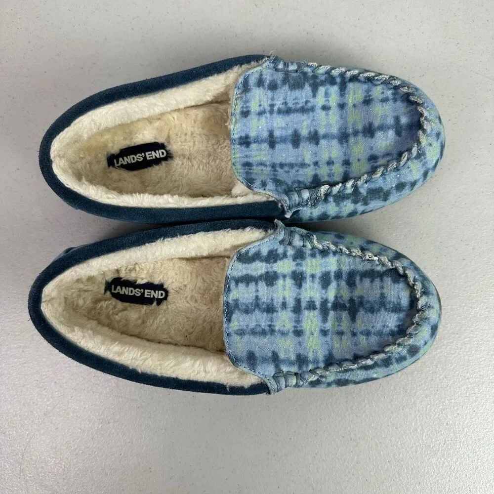 Lands End Kids Moccasin Slippers size 4 Blue
